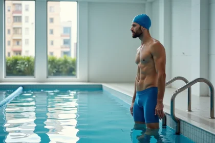 Homme d'âge moyen dans une piscine intérieure moderne