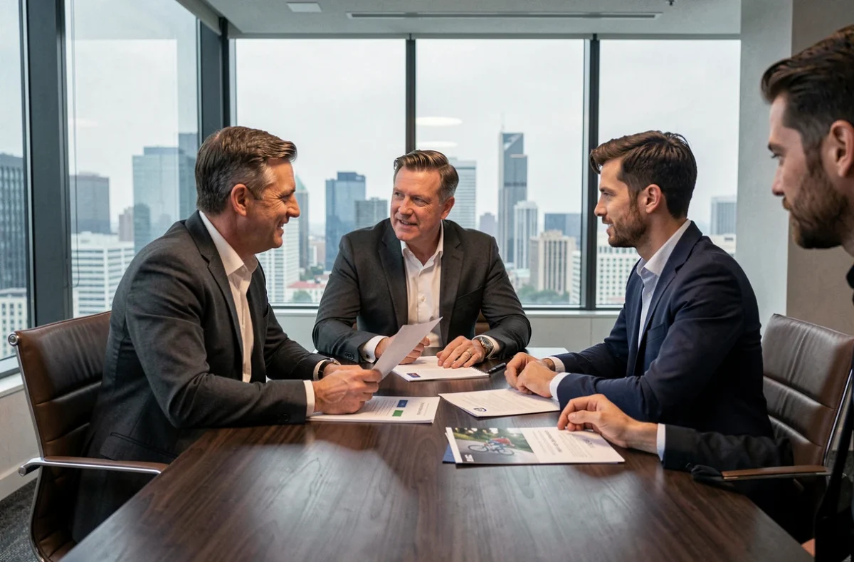 Réunion de négociation de contrat de sponsoring entre un ancien sportif et des directeurs marketing dans une salle de conférence moderne, évoquant les enjeux des partenariats commerciaux avec Lance Armstrong en 2026