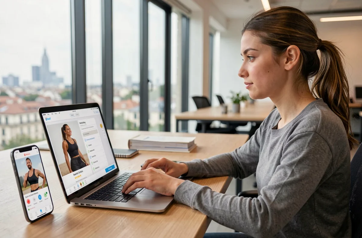Utilisatrice consultant la plateforme Ownsport sur un ordinateur portable dans un espace de coworking à Toulouse pour trouver un coach sportif