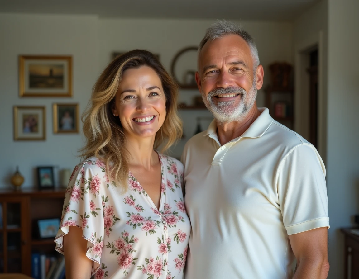 Couple de parents aux origines diverses posant fièrement dans leur salon familial
