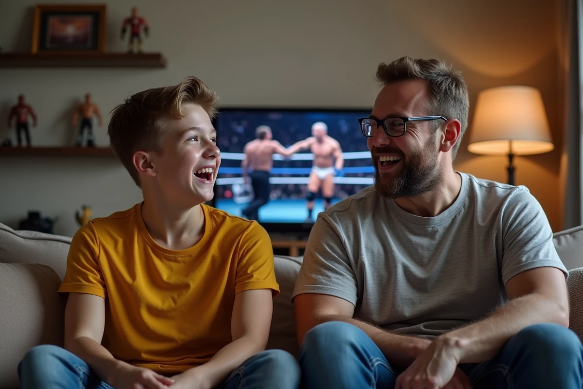 Un adolescent et son père discutant de catch sur un canapé dans le salon