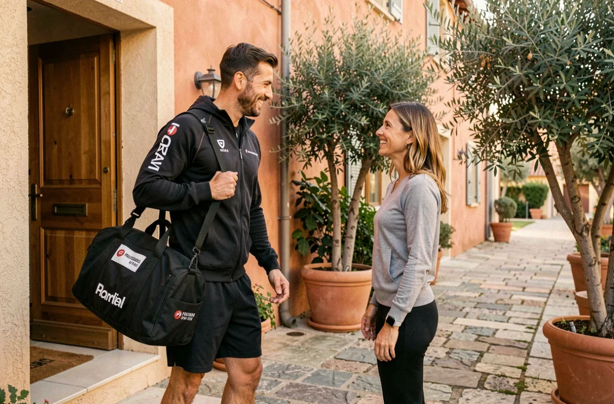 Coach personnel du réseau Personal Sport Trainer arrivant au domicile d'une cliente en Occitanie avec son équipement professionnel