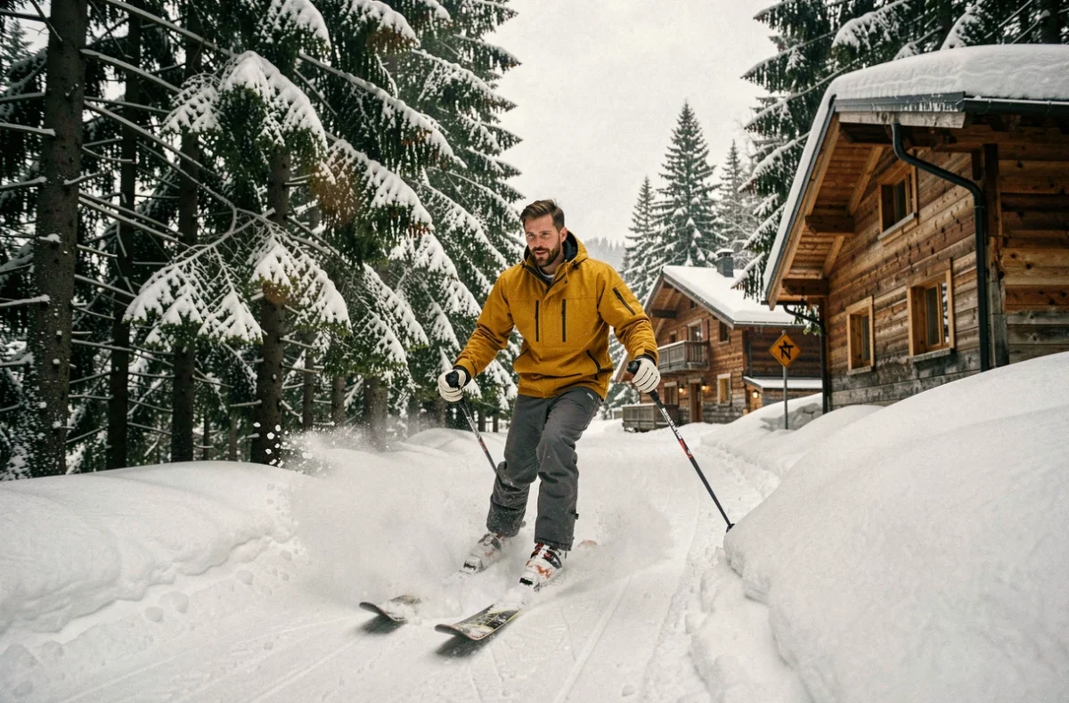 Skieur sur une piste boisée d'une petite station de ski en Savoie entourée de sapins enneigés et d'un chalet en bois
