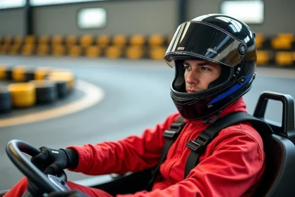 Pilote de karting en combinaison rouge concentr&eacute; dans son kart sur un circuit indoor