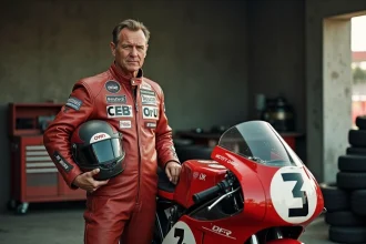 Pilote MotoGP vétéran en combinaison de cuir usée posant avec une moto 500cc dans un garage de paddock historique