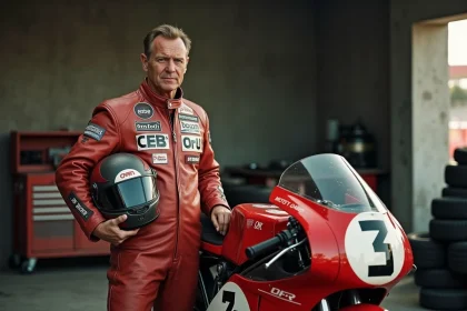 Pilote MotoGP vétéran en combinaison de cuir usée posant avec une moto 500cc dans un garage de paddock historique