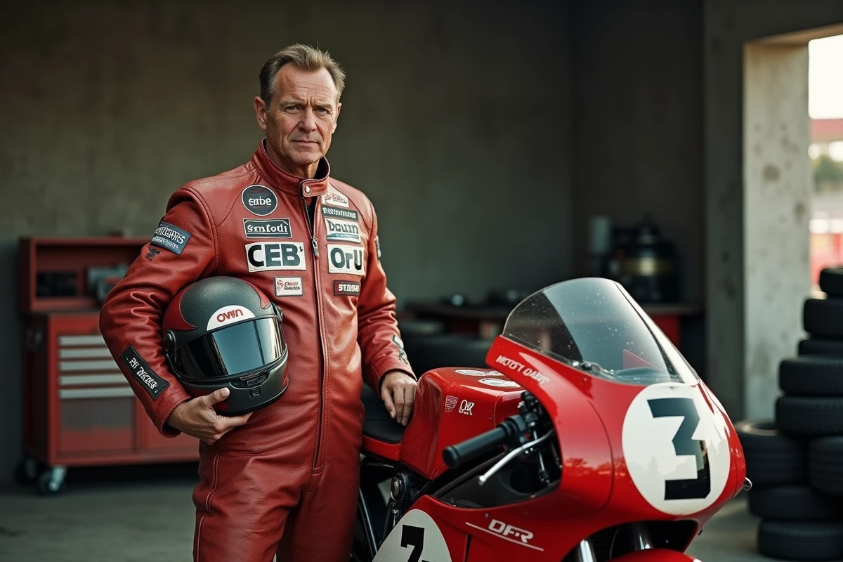 Pilote MotoGP vétéran en combinaison de cuir usée posant avec une moto 500cc dans un garage de paddock historique