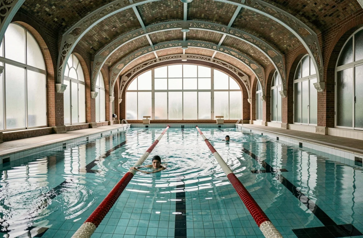 Vue d'ensemble d'une piscine parisienne presque vide pendant un créneau calme avec deux nageurs dans les couloirs
