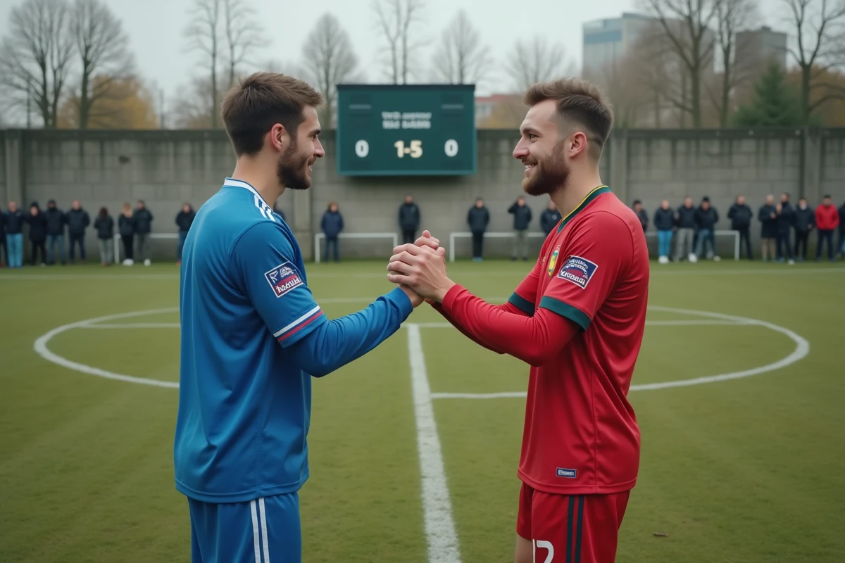 Joueurs de football amateur se serrant la main après un match de championnat du district de l'Aisne