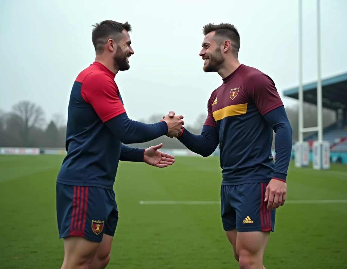Deux joueurs de rugby en tenue d'entraînement se serrant la main sur un terrain de rugby National 2