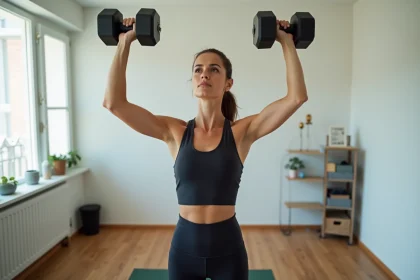 Femme réalisant un développé épaules avec des haltères lestés chez elle sur un tapis de yoga dans un salon minimaliste