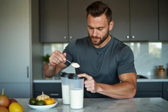 Homme préparant une dose de complément sportif Sport-rip dans une cuisine moderne pour optimiser ses performances