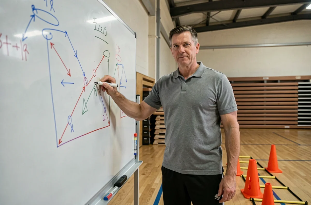 Professeur d'EPS présentant un schéma tactique au tableau dans un gymnase pour illustrer une séquence pédagogique
