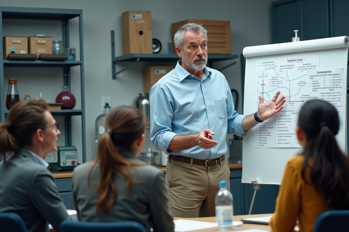 Professeur de physique expliquant forces aux élèves en laboratoire