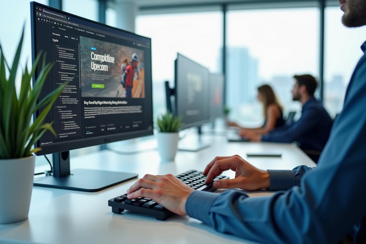 Professionnel du SEO travaillant sur l'optimisation d'un site sport avec deux écrans affichant des outils d'analyse de mots-clés
