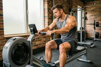 Homme musclé utilisant un rameur à eau dans une salle de sport moderne, montrant les muscles du dos et des bras travaillés pendant l'effort
