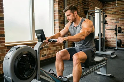 Homme musclé utilisant un rameur à eau dans une salle de sport moderne, montrant les muscles du dos et des bras travaillés pendant l'effort