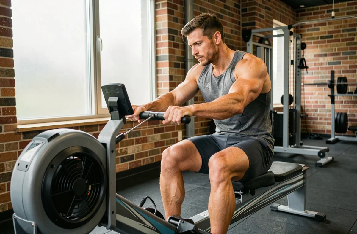 Homme musclé utilisant un rameur à eau dans une salle de sport moderne, montrant les muscles du dos et des bras travaillés pendant l'effort