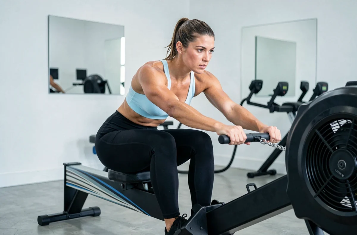 Femme sportive sur un rameur magnétique en salle de fitness, position de départ avec muscles abdominaux et jambes engagés