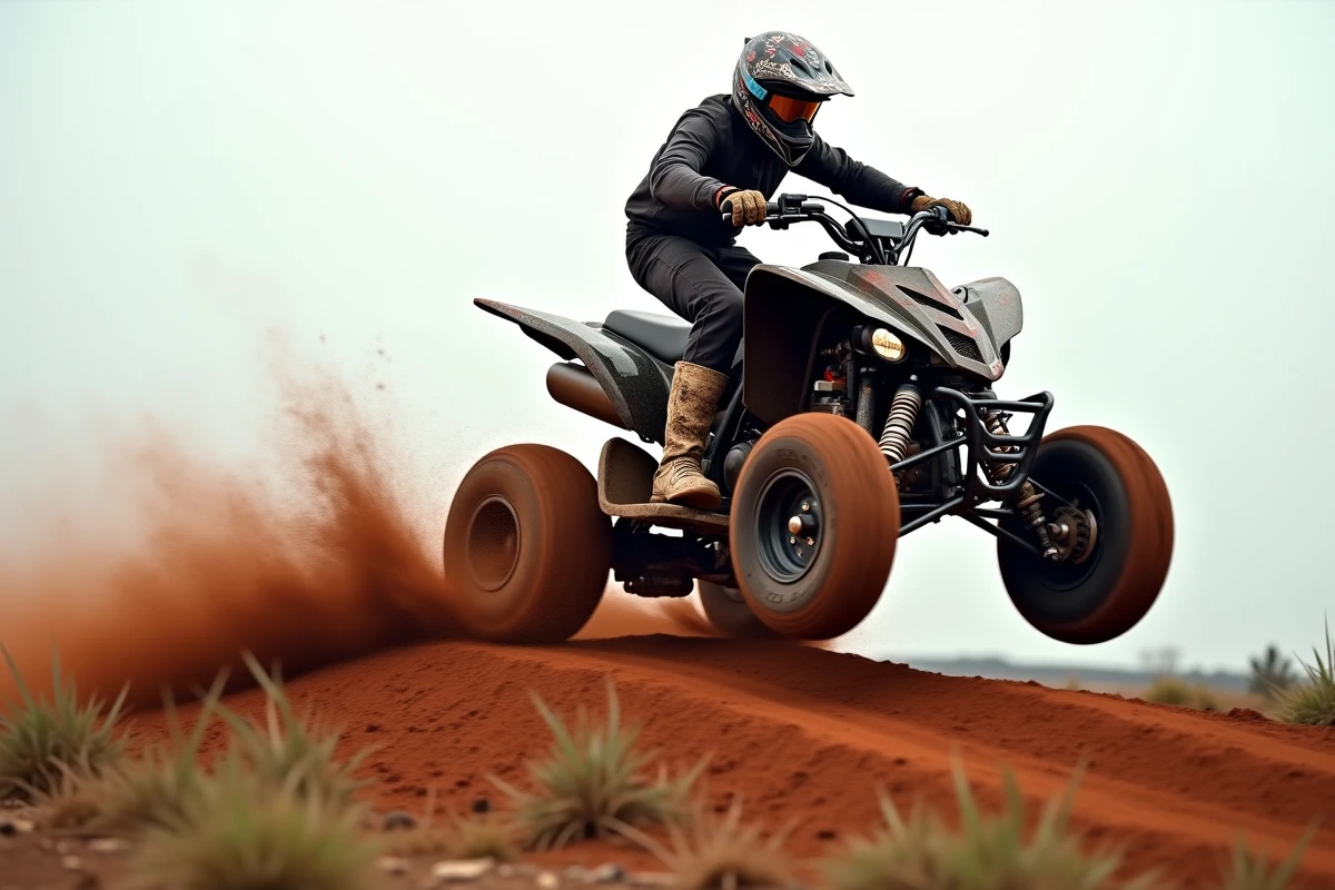Yamaha Raptor 700 préparé pour le cross en plein saut sur une piste de motocross en terre avec équipements de compétition