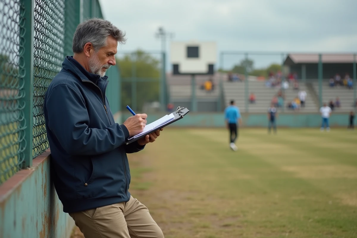 Recruteur de football argentin prenant des notes lors d'un match dans un stade amateur de province