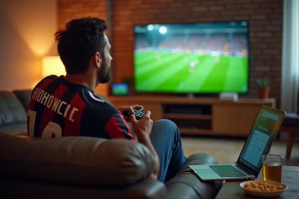 Homme regardant un match de foot en streaming sur une télévision et un ordinateur portable dans un salon