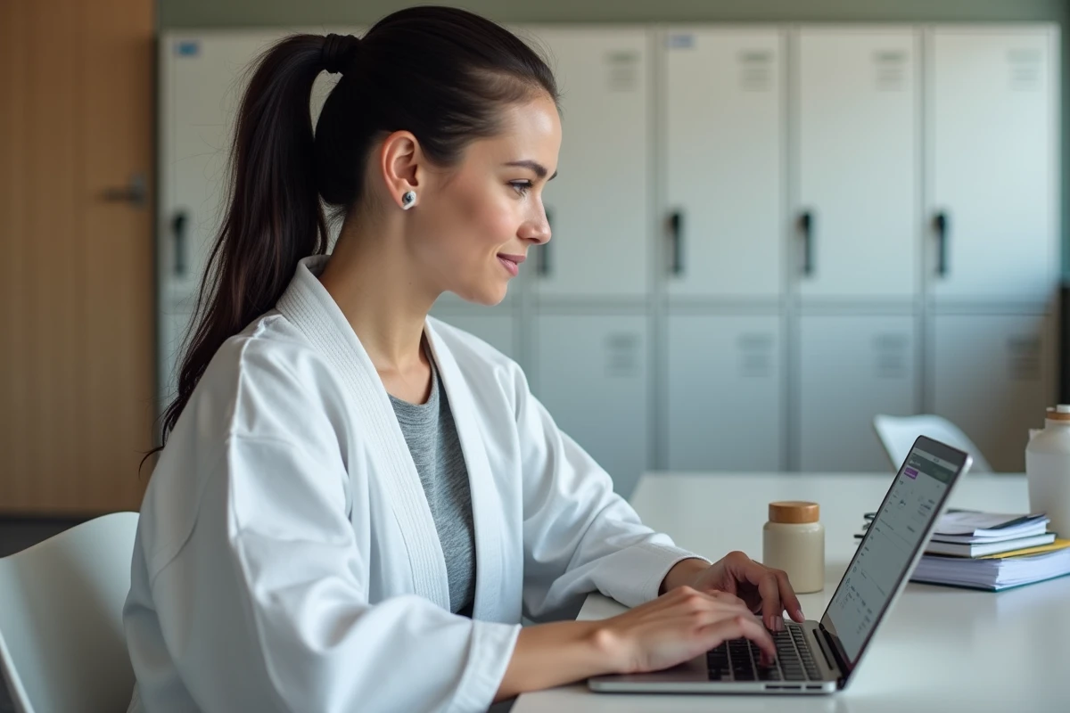 Responsable de club de judo utilisant une tablette pour gérer les licences sur l'extranet de la FFJDA