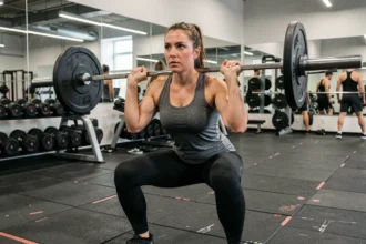 Femme en train de faire du squat avec haltère dans une salle de sport moderne du Bas-Rhin