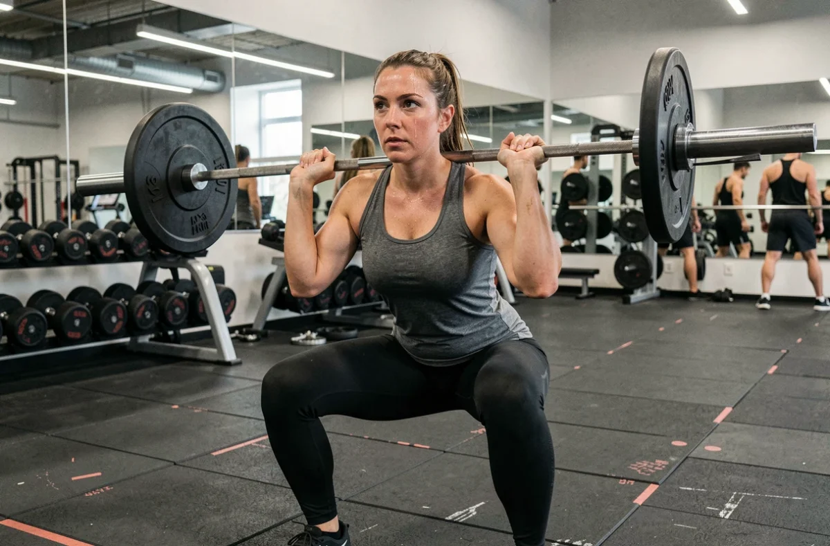 Femme en train de faire du squat avec haltère dans une salle de sport moderne du Bas-Rhin