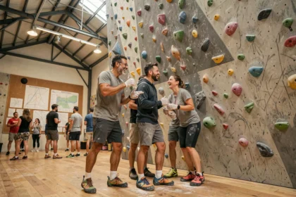 Grimpeurs dans une salle d'escalade en Normandie devant un mur de blocs coloré