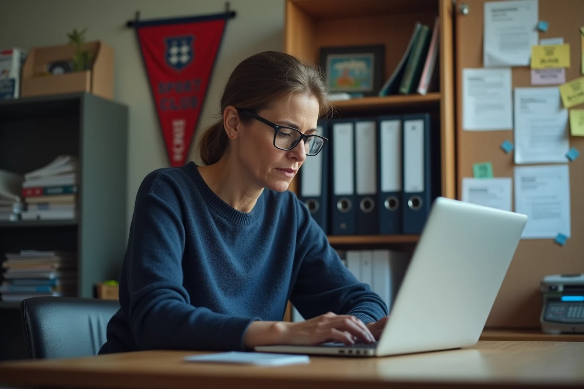 Secrétaire de club de football utilisant Footclub Login FFF sur un ordinateur portable dans un bureau administratif de club amateur