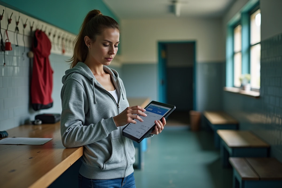 Secrétaire de club de football consultant Footclub FFF sur une tablette dans le couloir d'un vestiaire lors d'une journée de match