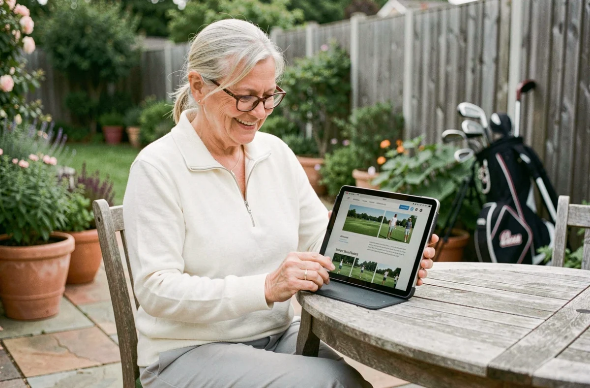 Senior femme consultant un blog de golf pour débutants sur tablette dans son jardin, souriante et engagée dans son apprentissage du golf
