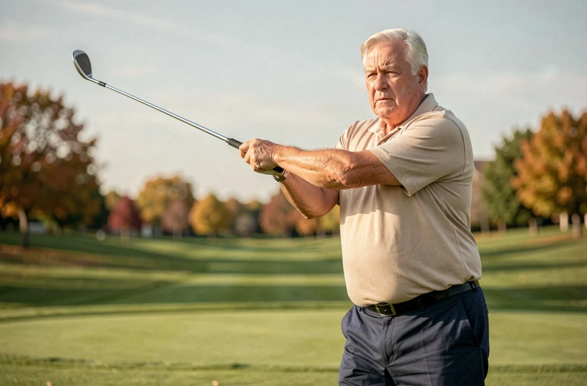 Senior homme apprenant le golf sur un parcours verdoyant, tenant un club avec concentration, idéal pour les débutants seniors au golf en 2026