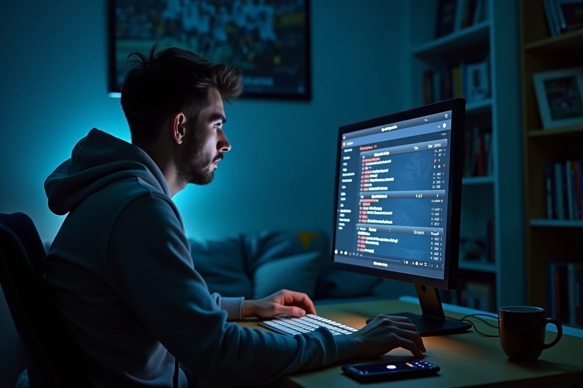 Jeune homme cherchant un site gratuit pour regarder le foot sur son ordinateur de bureau la nuit