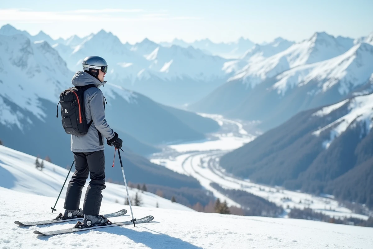 Skieur adulte seul au sommet des pistes des Arcs contemplant le panorama alpin lors d'un séjour ski en semaine