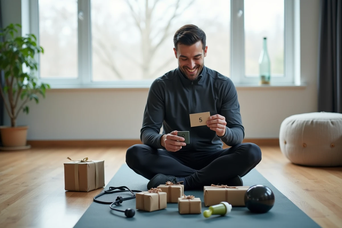 Sportif découvrant les cadeaux fitness de son calendrier de l'Avent posés sur un tapis de yoga