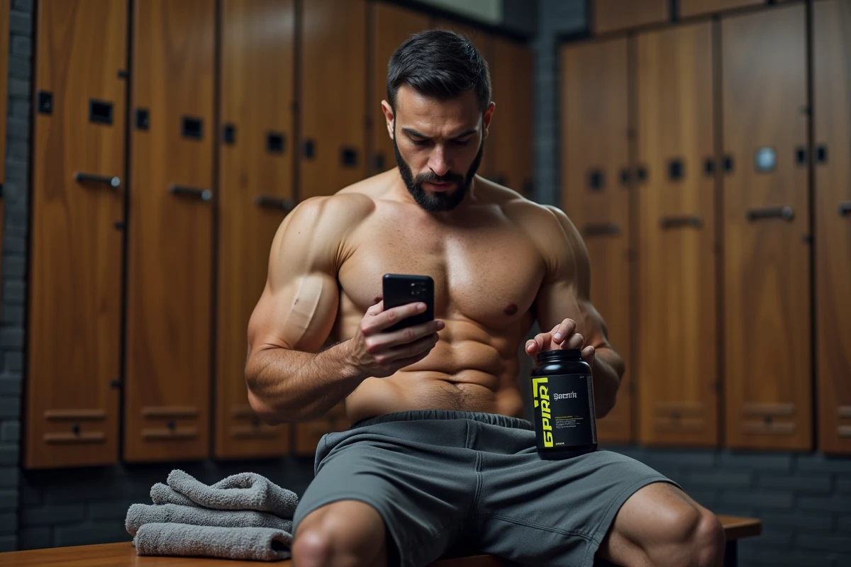 Sportif consultant son suivi d'entraînement sur smartphone avec un supplément Sport-rip après séance en vestiaire