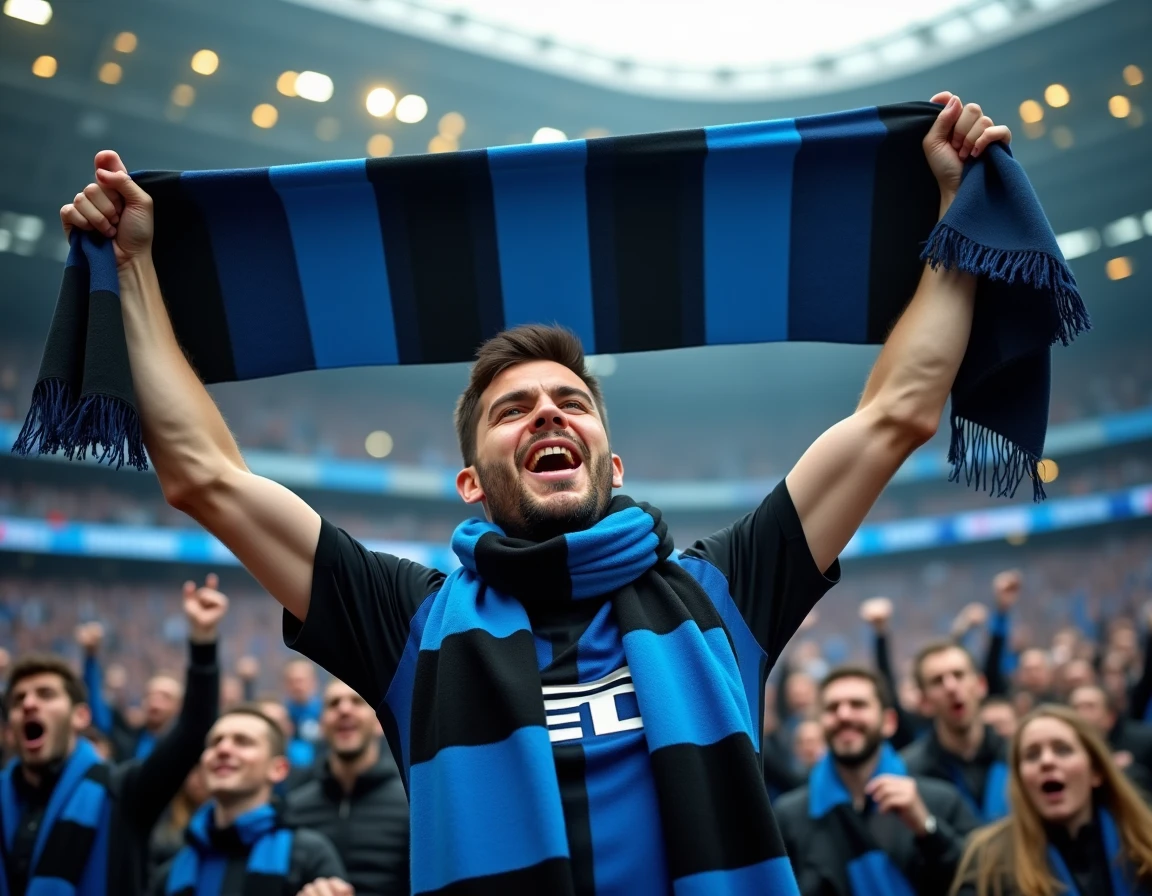 Supporter passionné de l'Inter Milan brandissant un drapeau du club dans un stade européen bondé, portant le maillot historique des Nerazzurri et un écharpe noire et bleue, avec les tribunes remplies de fans en arrière-plan