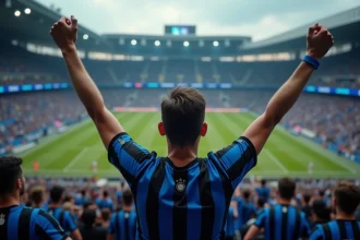 Supporter de l'Inter Milan en tribune célébrant une victoire dans un stade plein lors d'un match de football