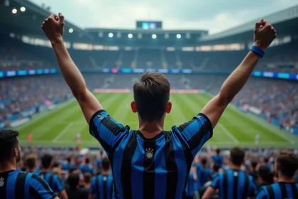 Supporter de l'Inter Milan en tribune célébrant une victoire dans un stade plein lors d'un match de football