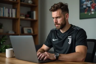 Supporter de la Juventus vérifiant un site de billetterie en ligne sur son ordinateur portable à son bureau