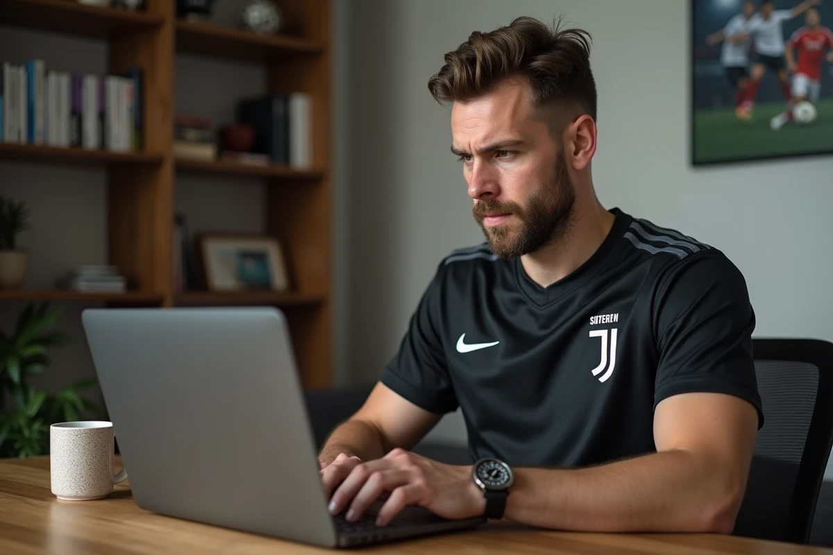 Supporter de la Juventus vérifiant un site de billetterie en ligne sur son ordinateur portable à son bureau