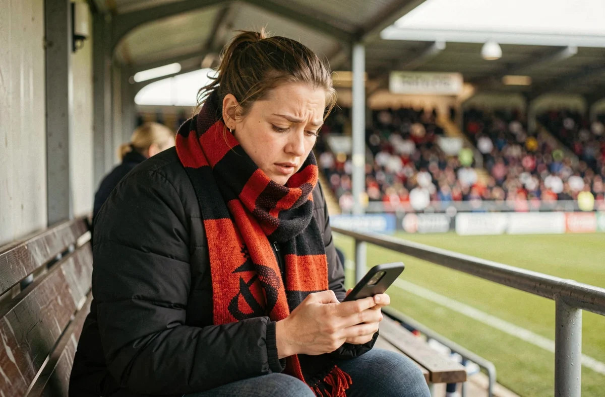 Supportrice de rugby suivant les résultats fédéraux en direct sur son téléphone dans une tribune