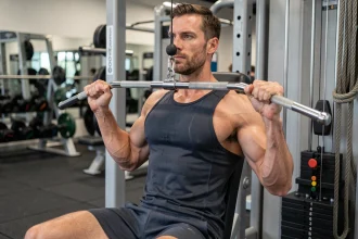 Homme musclé effectuant un tirage poulie dos lourd sur machine en salle de sport