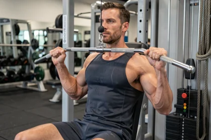 Homme musclé effectuant un tirage poulie dos lourd sur machine en salle de sport