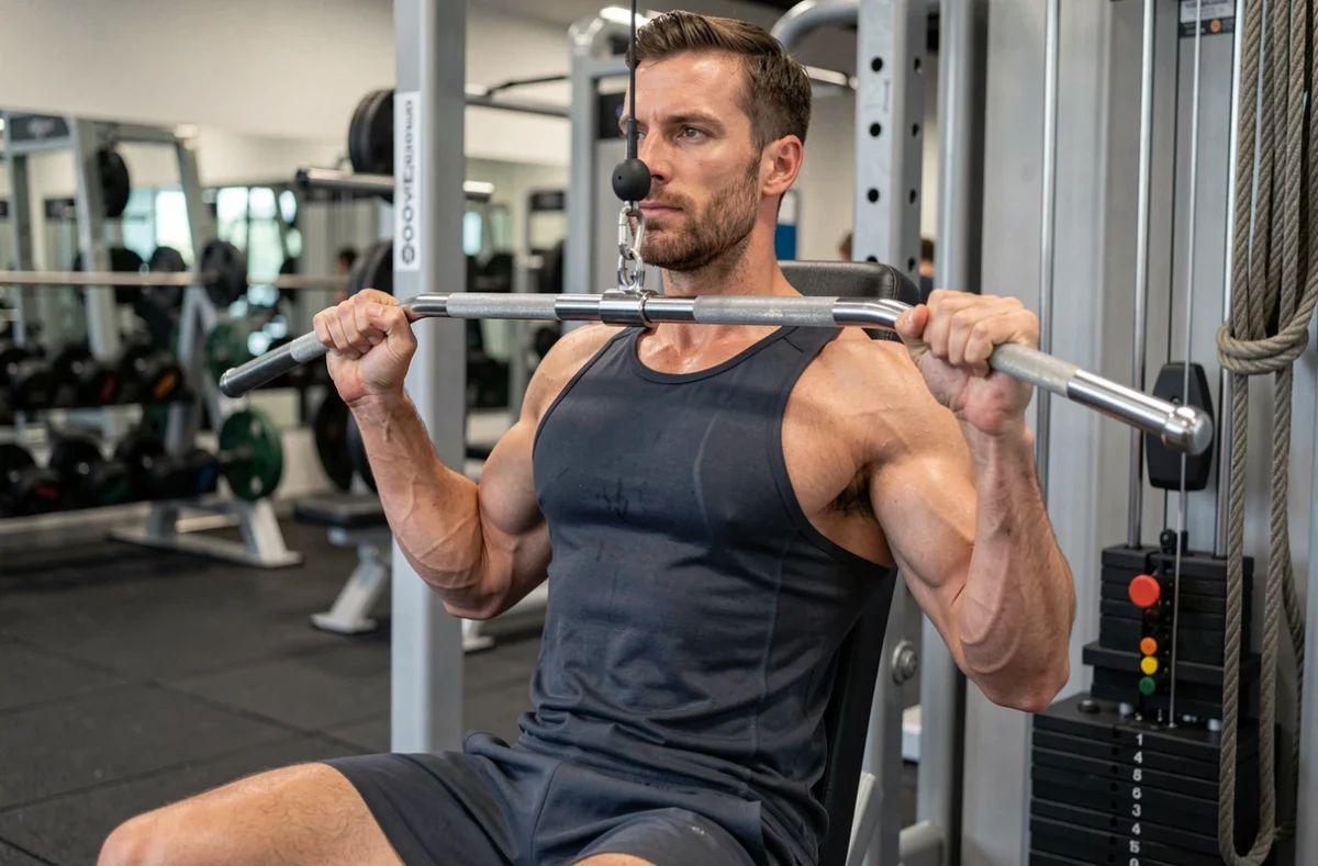 Homme musclé effectuant un tirage poulie dos lourd sur machine en salle de sport