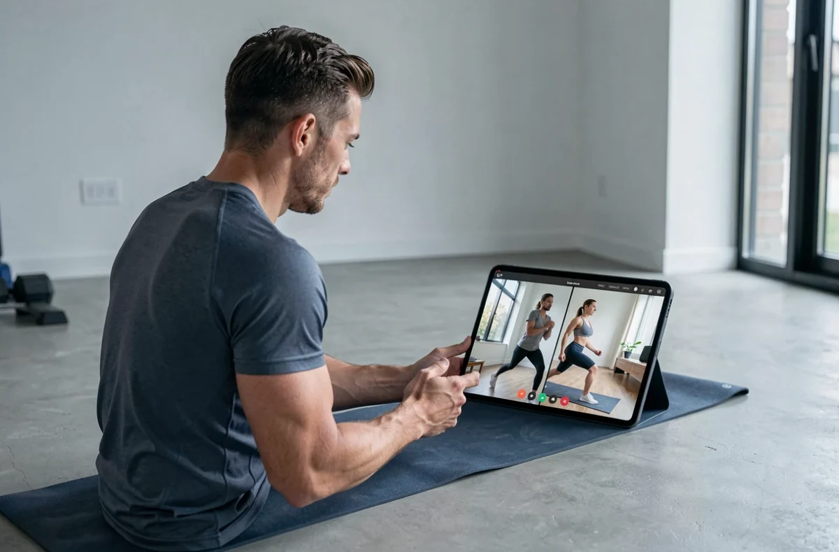 Coach TrainMe animant une séance de coaching sportif hybride en présentiel et à distance via tablette numérique