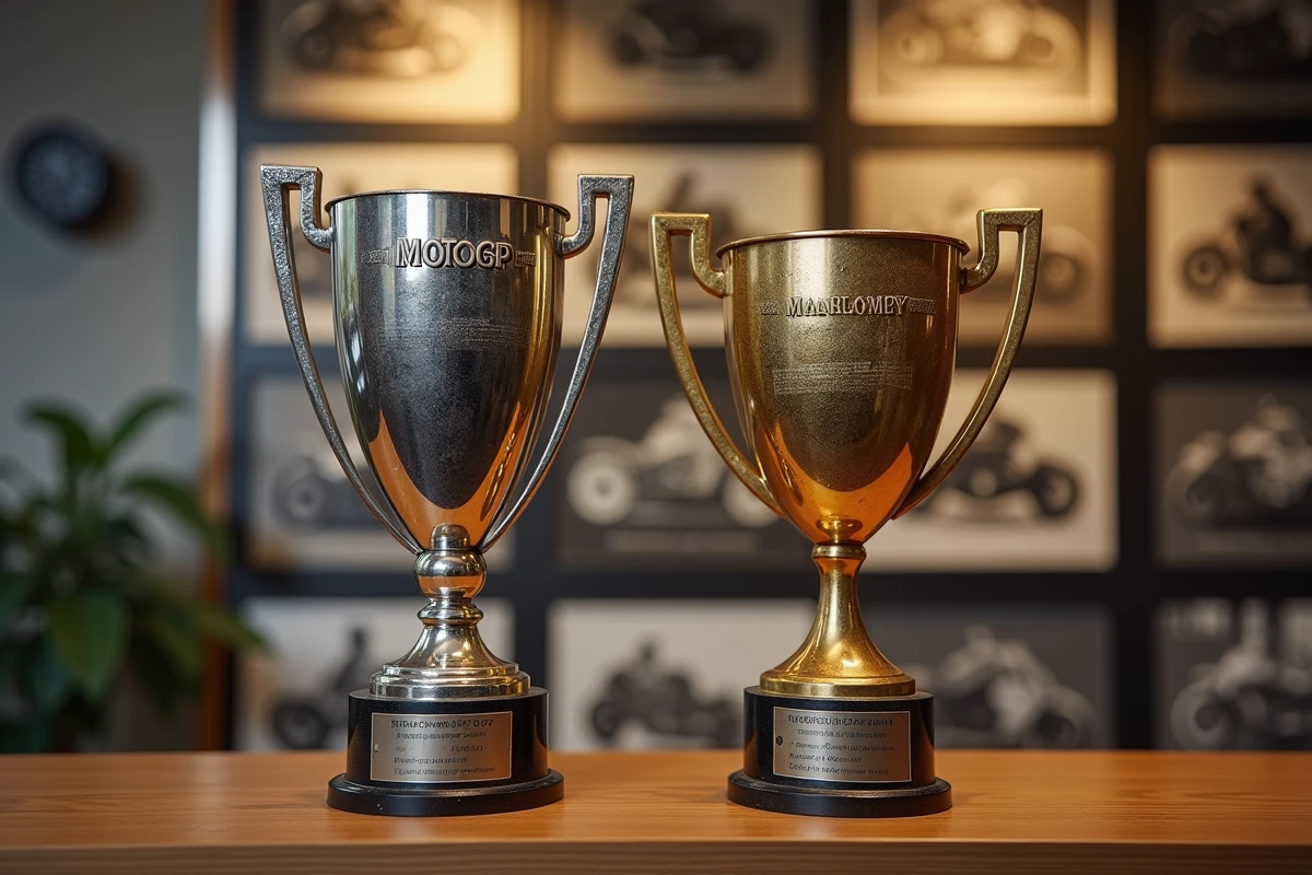 Deux trophées de champion du monde, MotoGP et 500cc, côte à côte sur une étagère en bois dans une salle de trophées privée
