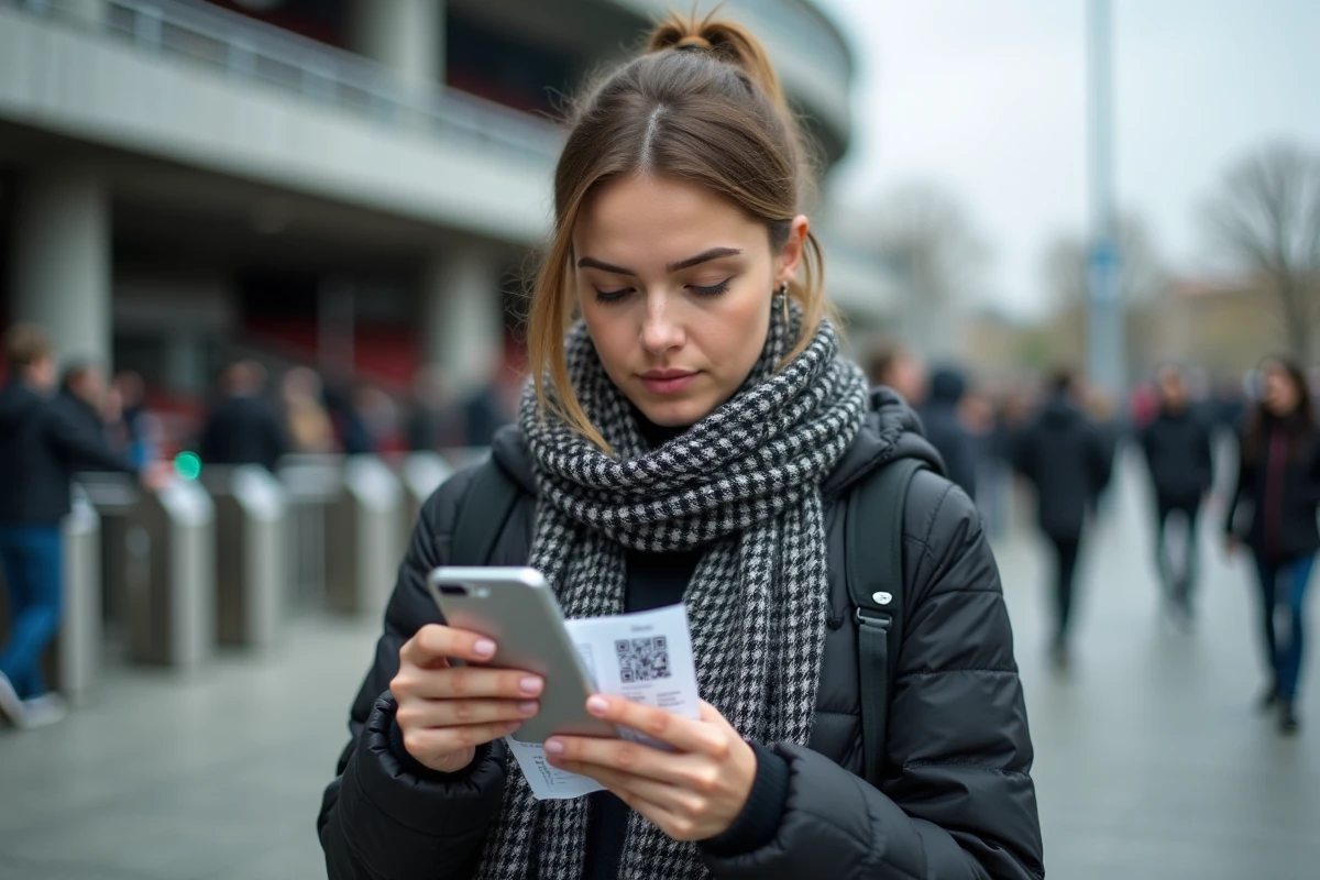 Femme contrôlant l'authenticité d'un billet Juventus à l'entrée du stade avec son smartphone